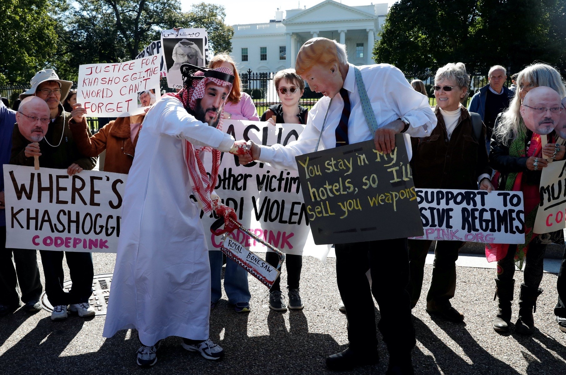Activists protest the disappearance of Khashoggi outside White House, Oct. 19.