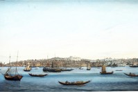 Mu0131gu0131rdiu00e7 Melkon, 19th century u201cThe Coastline from Tophane to Galata,u201d 1884 Wood and oil on canvas 60 x 93 x 7 cm / Naval Museum Collection