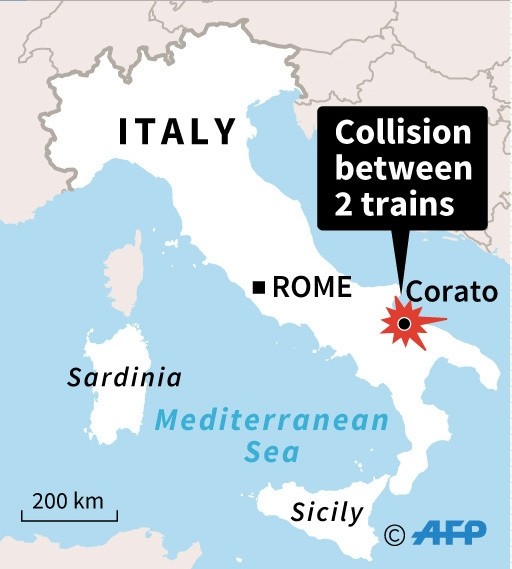 Map of Italy locating Tuesday's deadly train crash.