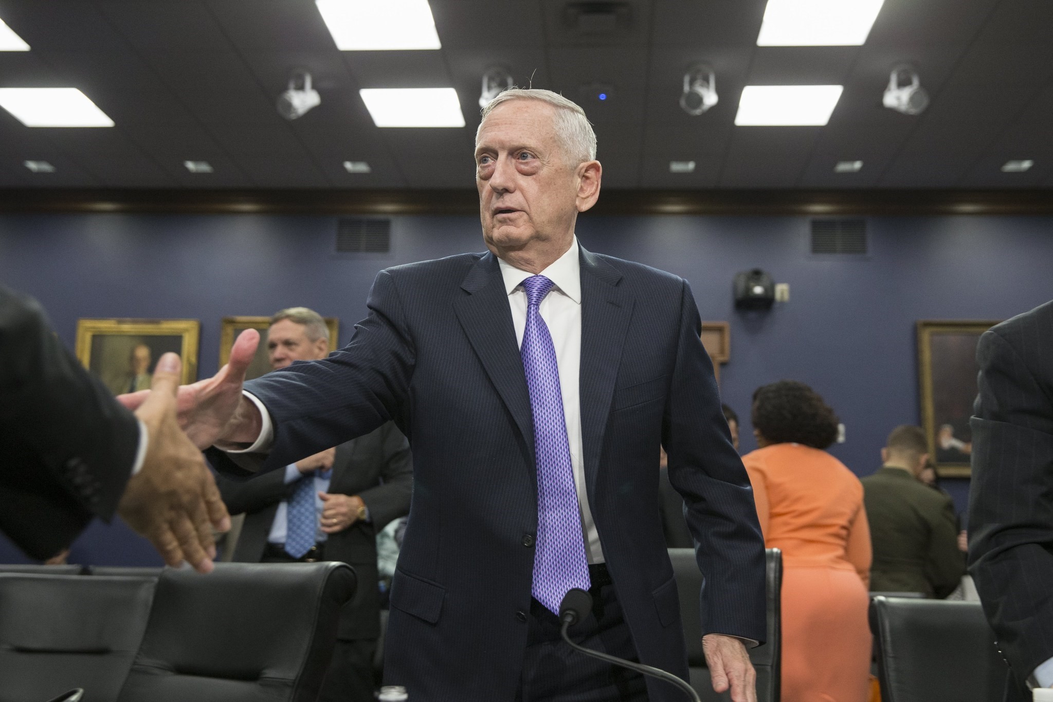 US Secretary of Defense James Mattis greets members of Congress after testifying before a House Appropriations subcommittee hearing on the Defense Department budget, on Capitol Hill in Washington, DC, June 15. (EPA Photo) 