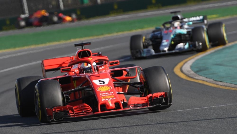 Ferrariu2019s German driver Sebastian Vettel (front) leads Mercedesu2019 British driver Lewis Hamilton during the Formula One Australian Grand Prix, Melbourne, March 25.