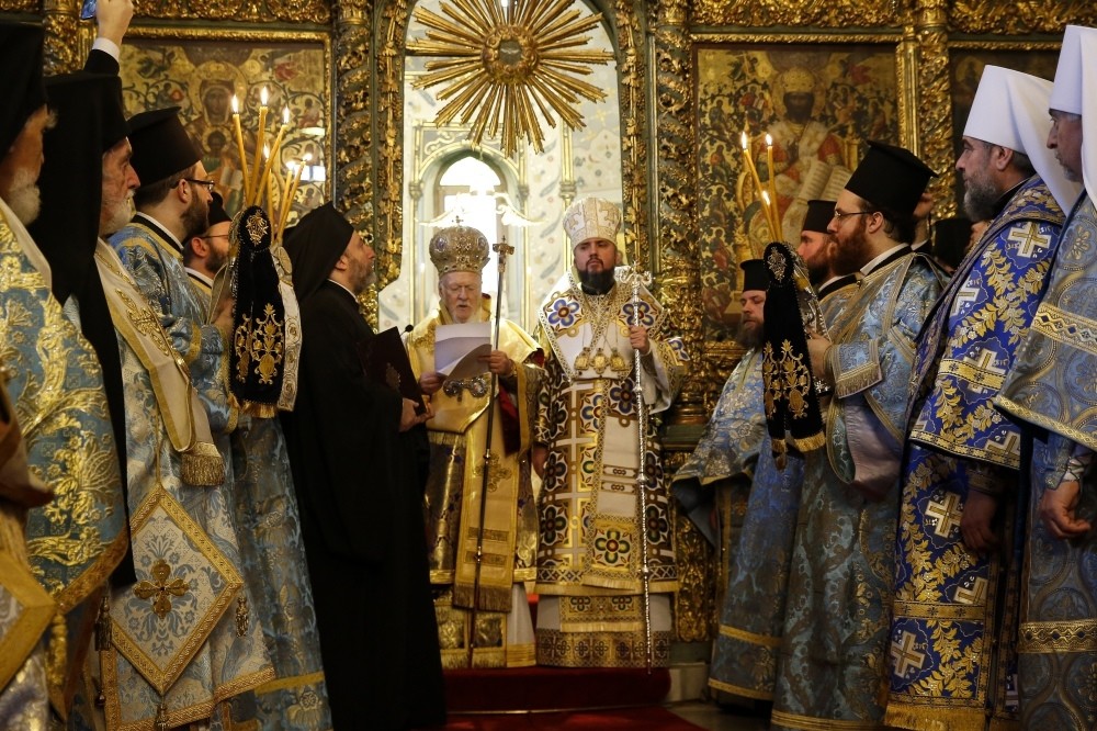 Ecumenical Patriarch Bartholomew I, center left, and Metropolitan Epiphanius, the head of the independent Ukrainian Orthodox Church, center right, attend a religious service at the Patriarchal Church of St. George, Istanbul, Jan. 6.