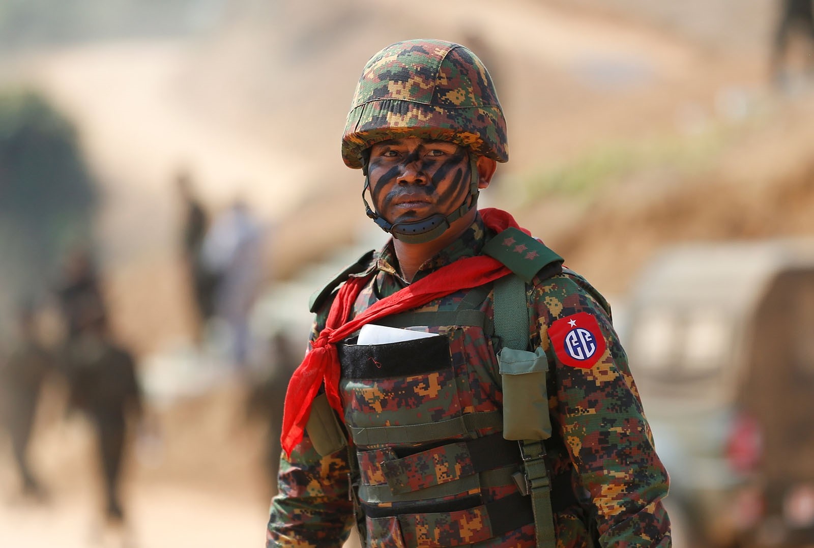 A Myanmar military soldier takes part in a military exercise at Ayeyarwaddy delta region in Myanmar, February 2, 2018. Picture taken February 2, 2018.