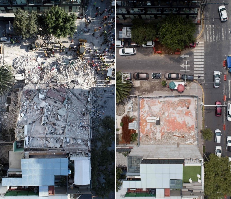 This combination of aerial pictures show a file picture taken on Sept.19, 2017 (top) of rescuers, firefighters, policemen and volunteers searching for survivors in a flattened building in Mexico City and the same place on Sept. 10, 2018. (AFP Photo)