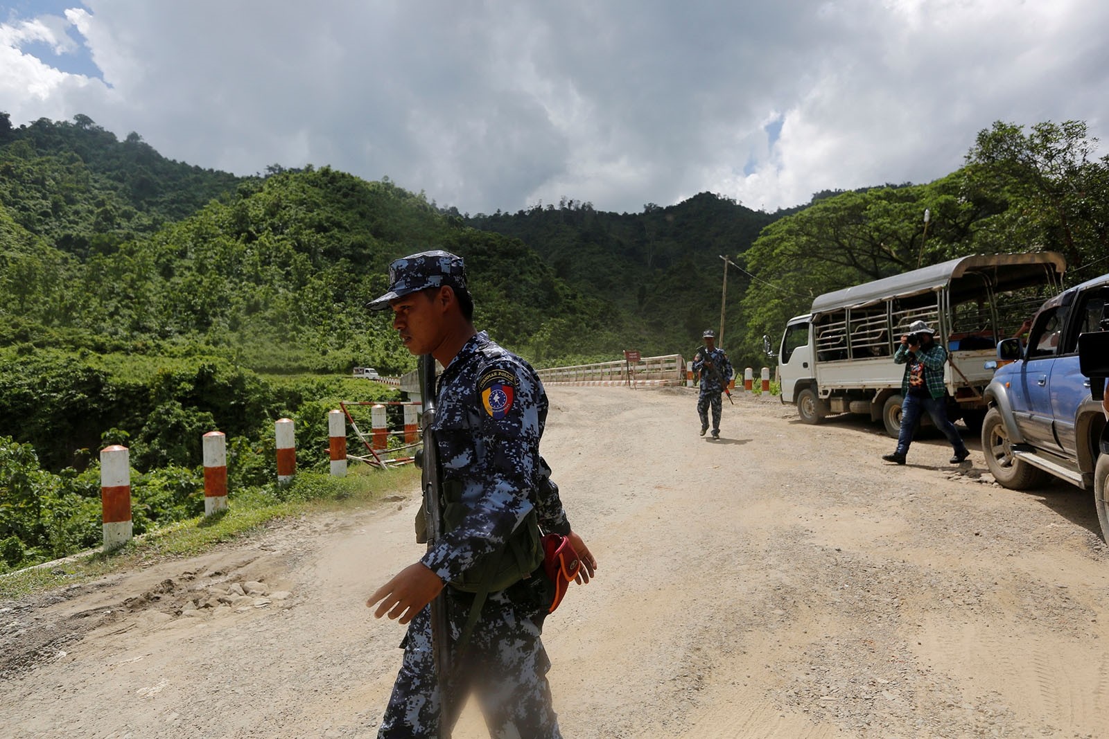 Police guard near a bridge after Arakan Rohingya Salvation Army (ARSA) attacked, in Buthidaung, Myanmar August 28, 2017.