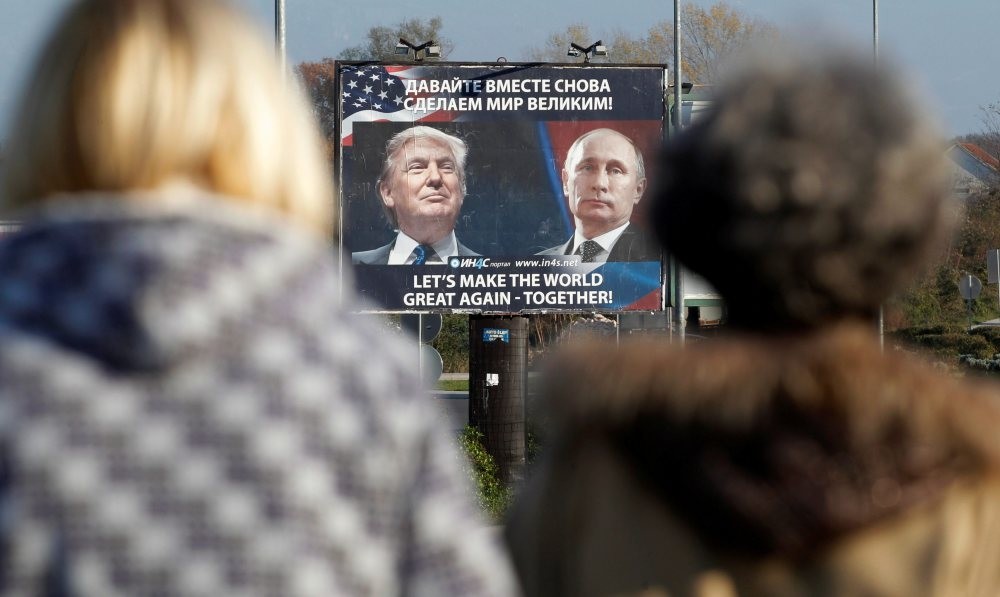 A billboard shows Presidents Trump and Putin, Danilovgrad, Montenegro, Nov. 16, 2016.