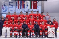 Turkish national ice hockey team poses during the tournament in Bulgaria, Dec. 15, 2019. (DHA Photo) 