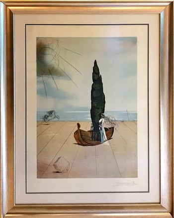A signed etching-print of Salvador Dali’s “Apparition of My Cousin Carolinetta on the Beach at Rosas” 