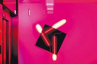 Franu00e7ois Morellet's piece ,Nu00e9ons 3D  60u00b0-90u00b0-35u00b0, in the ,Twilight, exhibition.