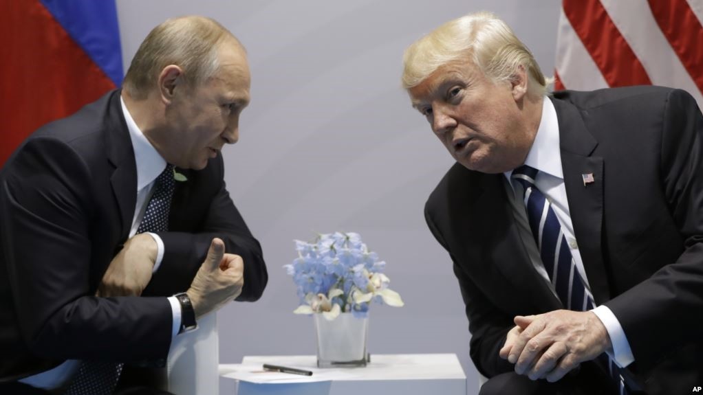 U.S. President Donald Trump meets with Russian President Vladimir Putin at the G-20 Summit in Hamburg, July 7.