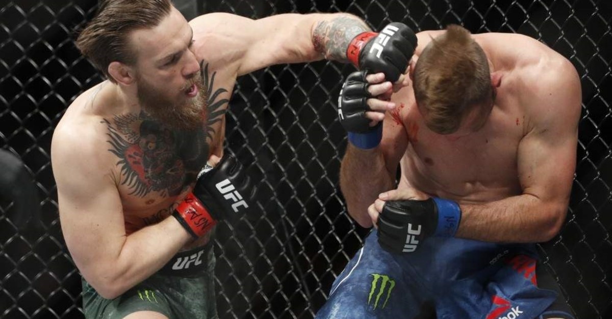 McGregor hits Cerrone during the UFC 246 welterweight mixed martial arts bout in Las Vegas, Jan. 18, 2020. (AP Photo)