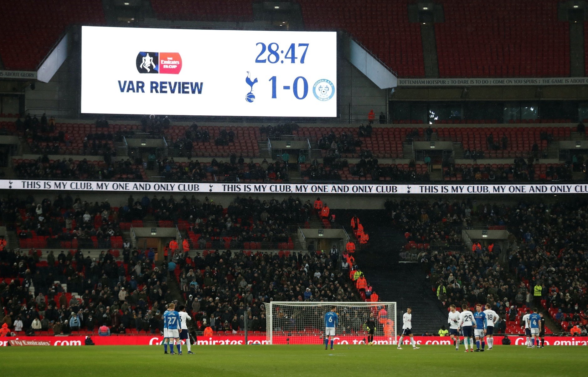 The big screen displays that a decision has been referred to VAR (Video Assistant Referee) during the FA Cup Fifth Round match between Tottenham Hotspur vs Rochdale at the Wembley Stadium, London.