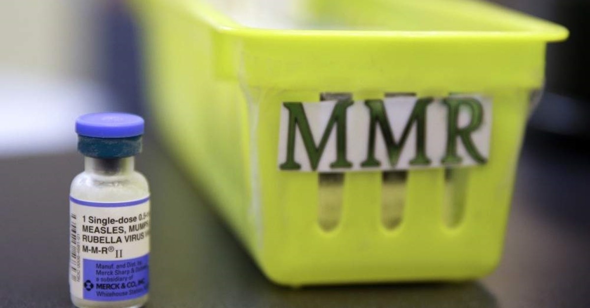 This Feb. 6, 2015, file photo shows a Measles, Mumps and Rubella, M-M-R vaccine on a countertop at a pediatrics clinic in Greenbrae, Calif. (AP Photo)
