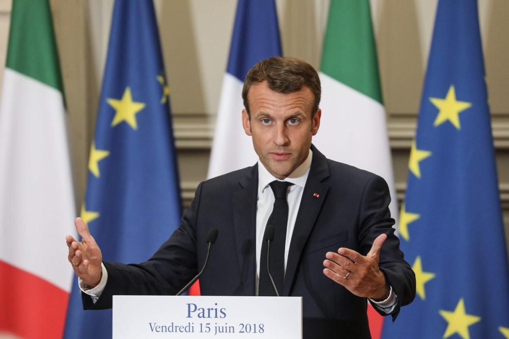 French President Emmanuel Macron speaks during a press conference after meeting with the Italian prime minister at the u00c9lysu00e9e Palace in Paris, June 15, 2018. 