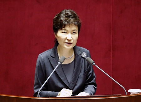 Impeached South Korean President Park Geun-hye gives a policy speech during a plenary session of the National Assembly in Seoul. (EPA File Photo)