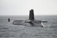 British Royal Navy HMS Vengeance Vanguard Class submarine departing Largs, Scotland, for Devonport, southern England (BRITISH MINISTRY OF DEFENCE DE&S)