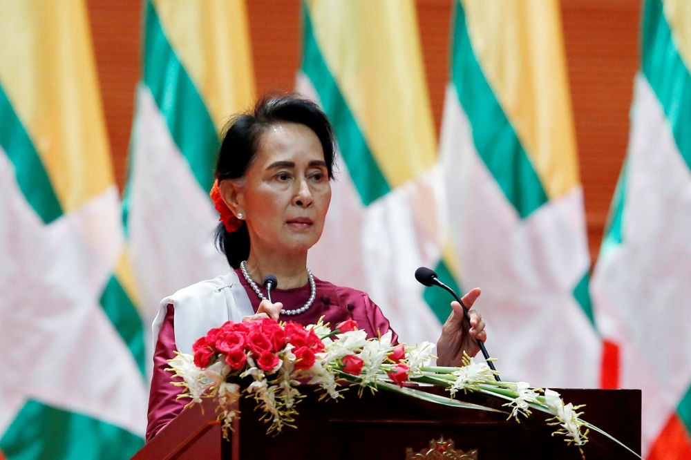 Myanmar's Aung San Suu Kyi delivers a televised speech to the nation at the Myanmar International Convention Center in Naypyitaw, Sept. 19.