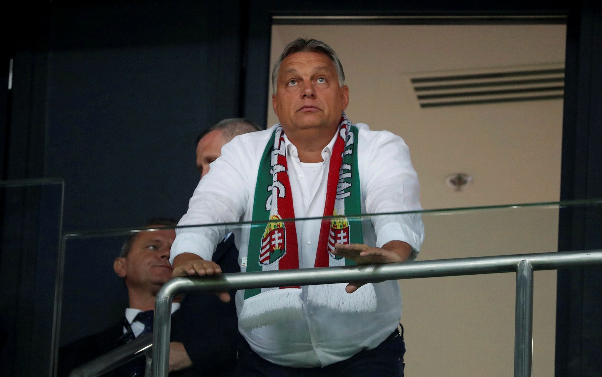 Hungarian Prime Minister Viktor Orban in the stands before the Hungary vs Portugal football match in Budapest, Sept. 3.