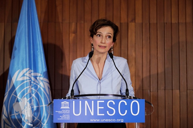 French former culture minister and newly elected head of UNESCO Audrey Azoulay addresses a press conference following her election on Oct. 13, 2017 at the UNESCO headquarters in Paris, France. (AFP Photo)
