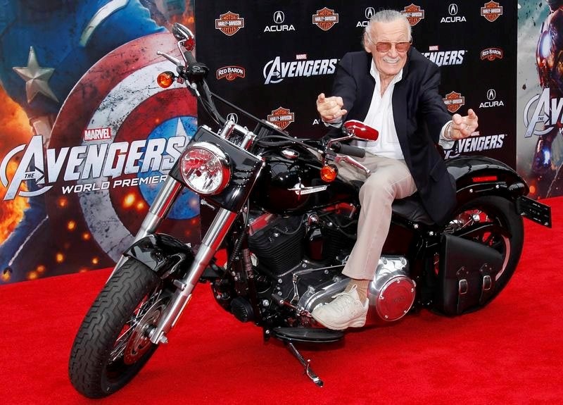 Comic book creator and executive producer Stan Lee poses on a motorcycle at the world premiere of the film ,Marvel's The Avengers, in Hollywood, California, in this April 11, 2012, file photo. (REUTERS Photo)