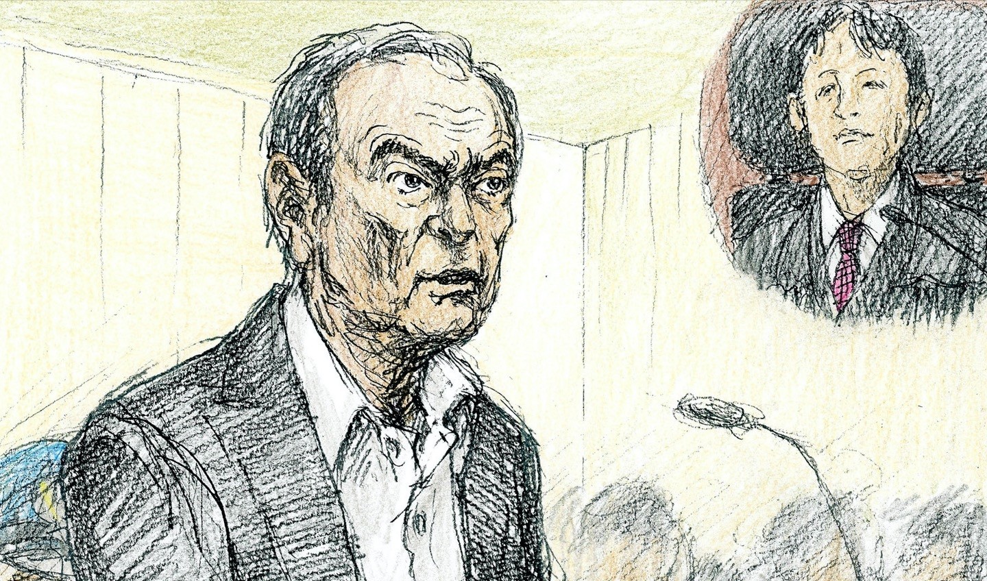This courtroom sketch depicts former Nissan chairman Carlos Ghosn in a courtroom at the Tokyo District Court in Tokyo, yesterday.