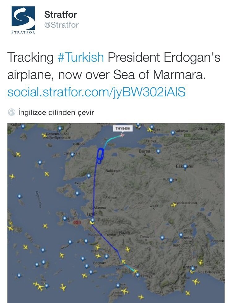 stratfor shares info on erdogan s flight en route to istanbul while 2 pro coup f 16s harassing his plane daily sabah