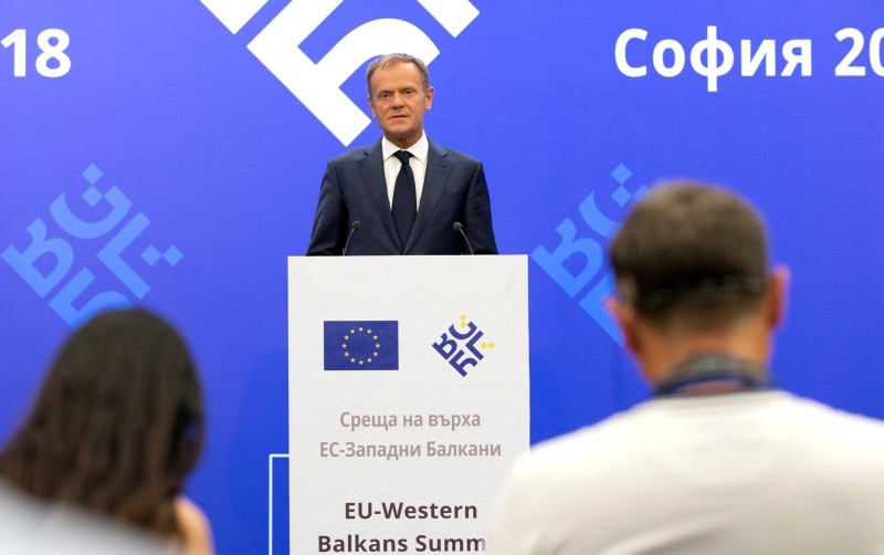 European Council President Donald Tusk speaks during a media conference prior to an EU-Western Balkans summit at the National Palace of Culture in Sofia, Bulgaria, Wednesday, May 16, 2018. (AP Photo)