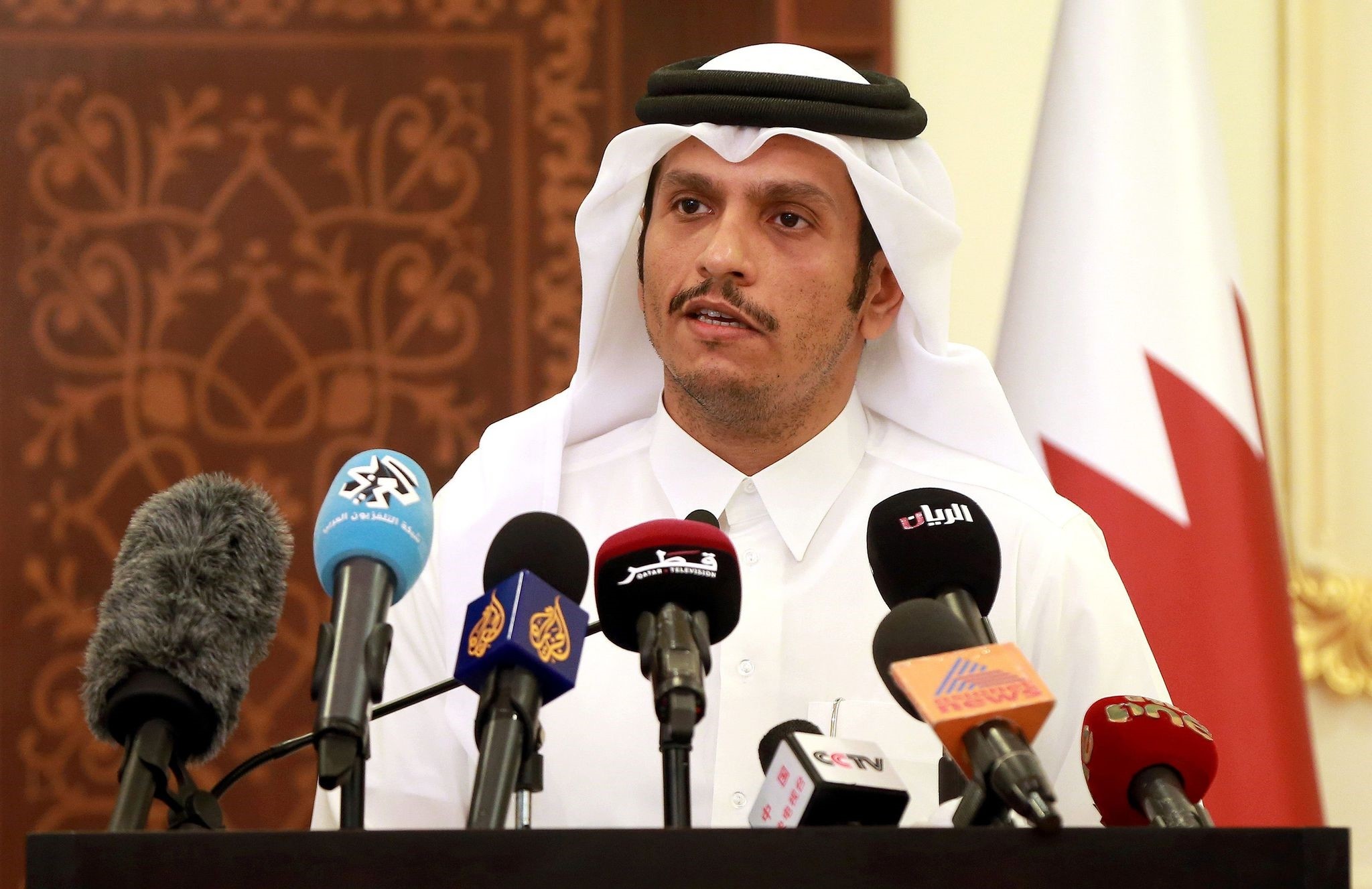 Qatari Foreign Minister Mohammed bin Abdulrahman al-Thani gives a press conference in Doha on May 25, 2017. (AFP Photo)