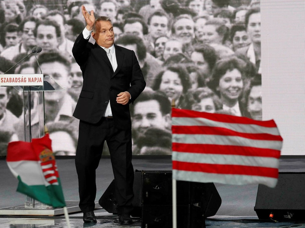 Hungarian Prime Minister Viktor Orban gestures during the celebrations of the 61st anniversary of the Hungarian Uprising of 1956, Budapest, Oct. 23.