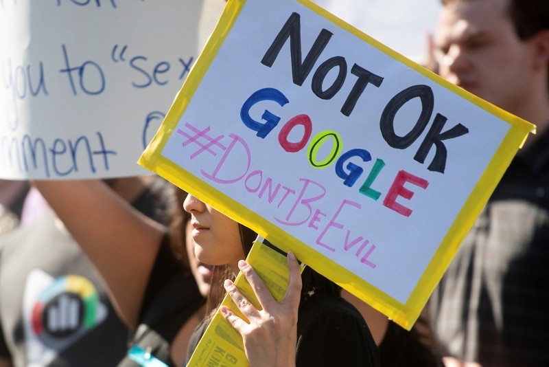 In this Nov. 1, 2018, file photo workers protest against Google's handling of sexual misconduct allegations at the company's Mountain View, Calif., headquarters. (AP Photo)