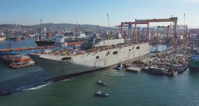 Turkey's largest-ever warship TCG Anadolu is ready for harbor tests at an Istanbul shipyard. DHA Photo
