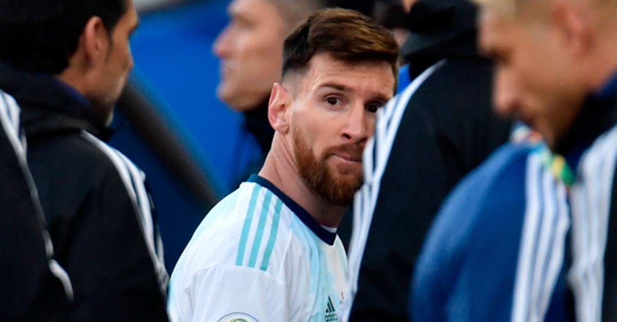 In this file photo taken on July 06, 2019 Argentina's Lionel Messi leaves the field after he and Chile's Gary Medel were sent off during the Copa America football tournament third-place match at the Corinthians Arena in Sao Paulo, Brazil. (AFP Photo)