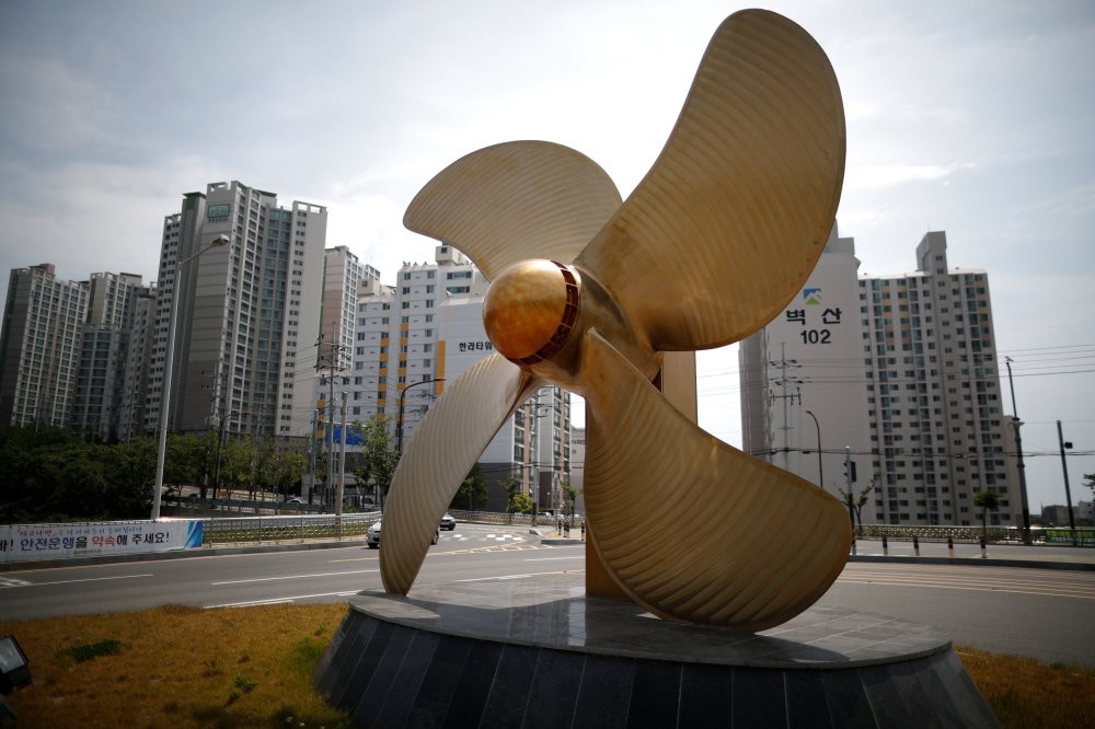 A sculpture of a full-size propeller in front of an apartment complex in Ulsan, South Korea.