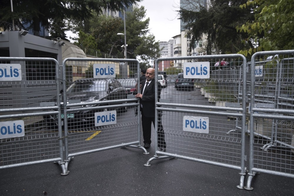 A guard secures the entrance to the Saudi Consulate in Istanbul. A Turkish newspaper yesterday published a gruesome recounting of the slaying of Saudi writer Jamal Khashoggi at the consulate.
