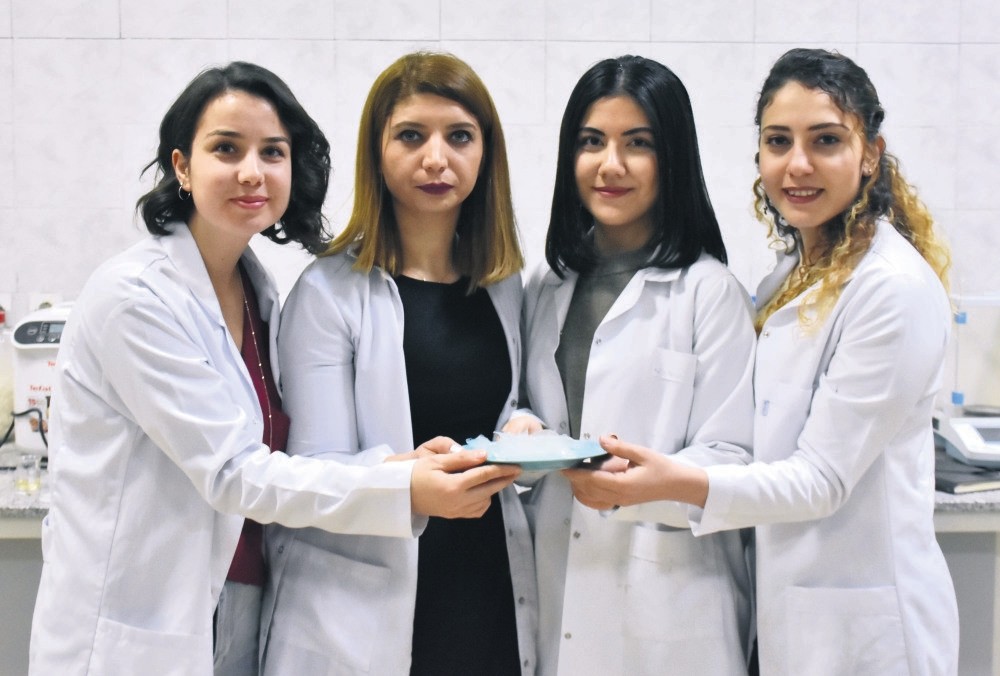 Hatice Yaprak, Melis u00d6cal, Gu00fcneu015f Zu00fcbariou011flu and Pu0131nar Altau015f, from left to right, with their starch-based edible plastics.