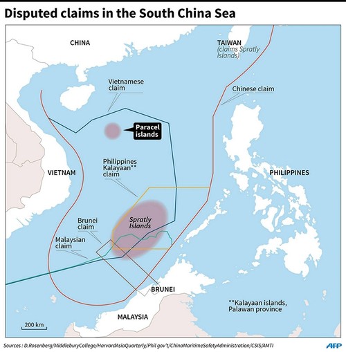 Map showing the sovereignty claims of countries bordering the South China Sea