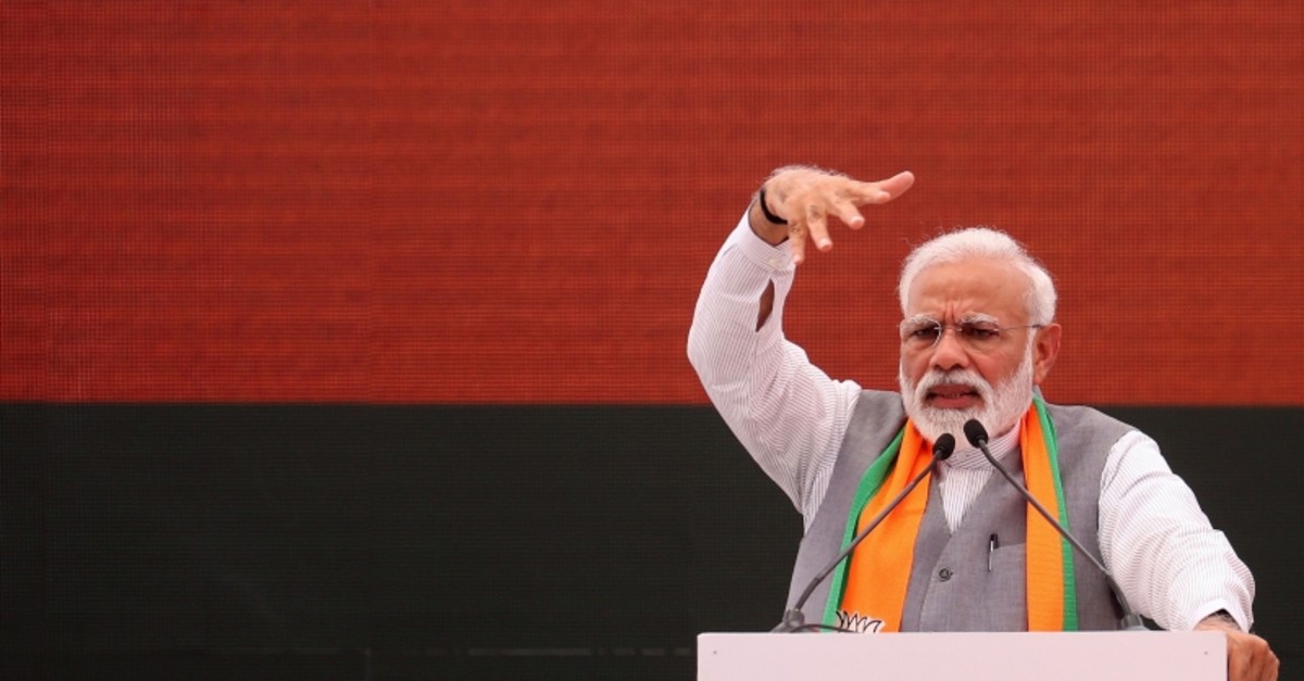 Indian Prime Minister Narendra Modi gestures at an event to present the Bharatiya Janata Party (BJP) election manifesto in New Delhi on April 8, 2019. (AFP Photo)