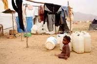 A displaced Yemeni child at a makeshift camp in the district of Abs in Yemen's northwestern Hajjah province, June 10, 2019.
