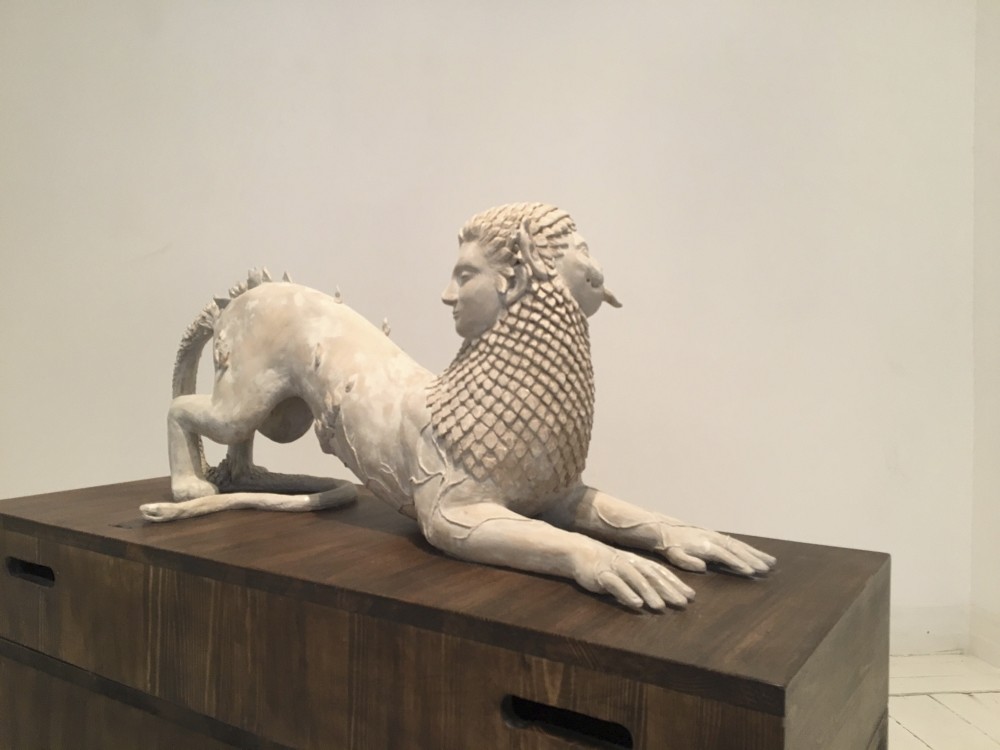 Zaptu00e7u0131ou011fluu2019s clay sculpture of the chimera draws from Greek mythology as she paints psychological  landscapes to uncover the depths of local myths.