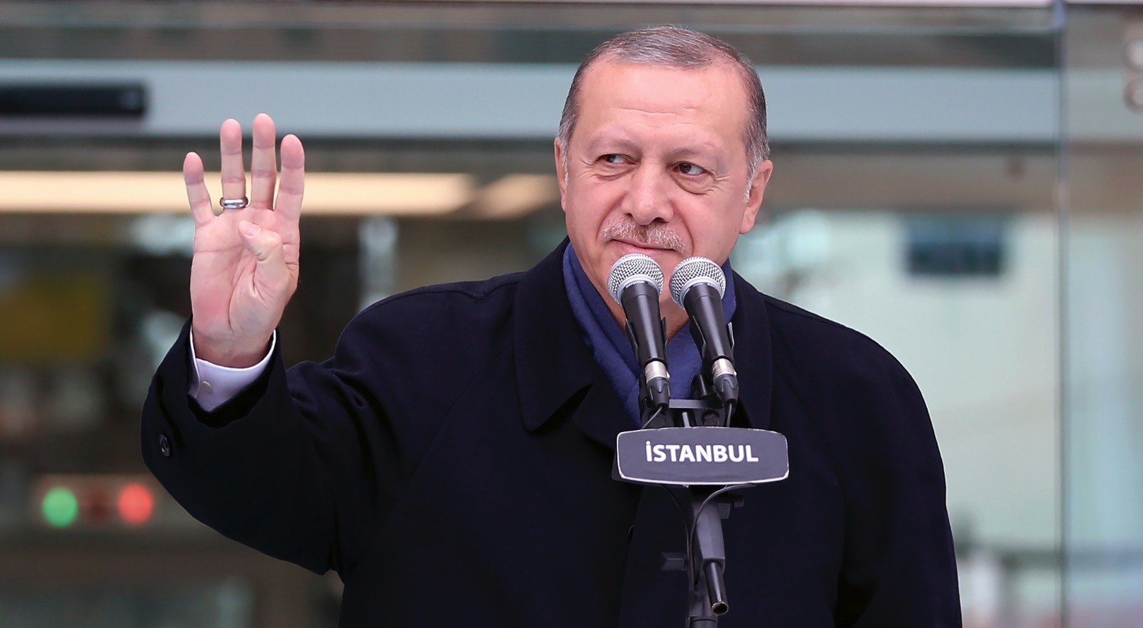 President Recep Tayyip Erdou011fan waves at  the audience following his speech at an opening ceremony for the Turkey Youth Foundationu2019s (Tu00dcGVA) headquarters in Istanbul, yesterday.