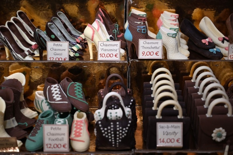 Chocolate-made creations representing heels shoes and bags are on display at the sixth Chocolate Fair in Brussels, on February 21, 2019. - The sixth Chocolate Fair will run from February 22, 2019 to February 24, 2019. 