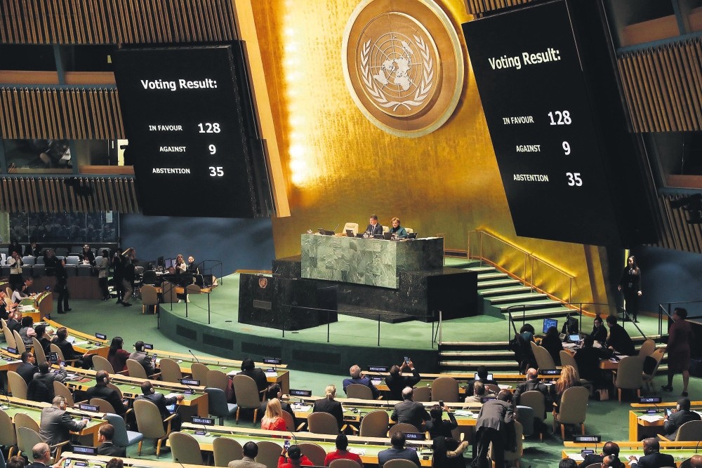 Voting results displayed on the floor of the United Nations General Assembly in which President Trump's declaration of Jerusalem as Israel's capital was declared ,null and void,,  New York City, Dec. 21.
