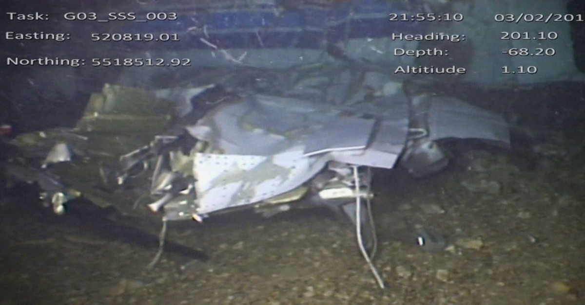 This still made from video provided by the Air Accidents Investigation Branch showing the wreckage of the plane which crashed into the Channel on Jan. 21, 2019 killing footballer Emiliano Sala. (AAIB via AP)