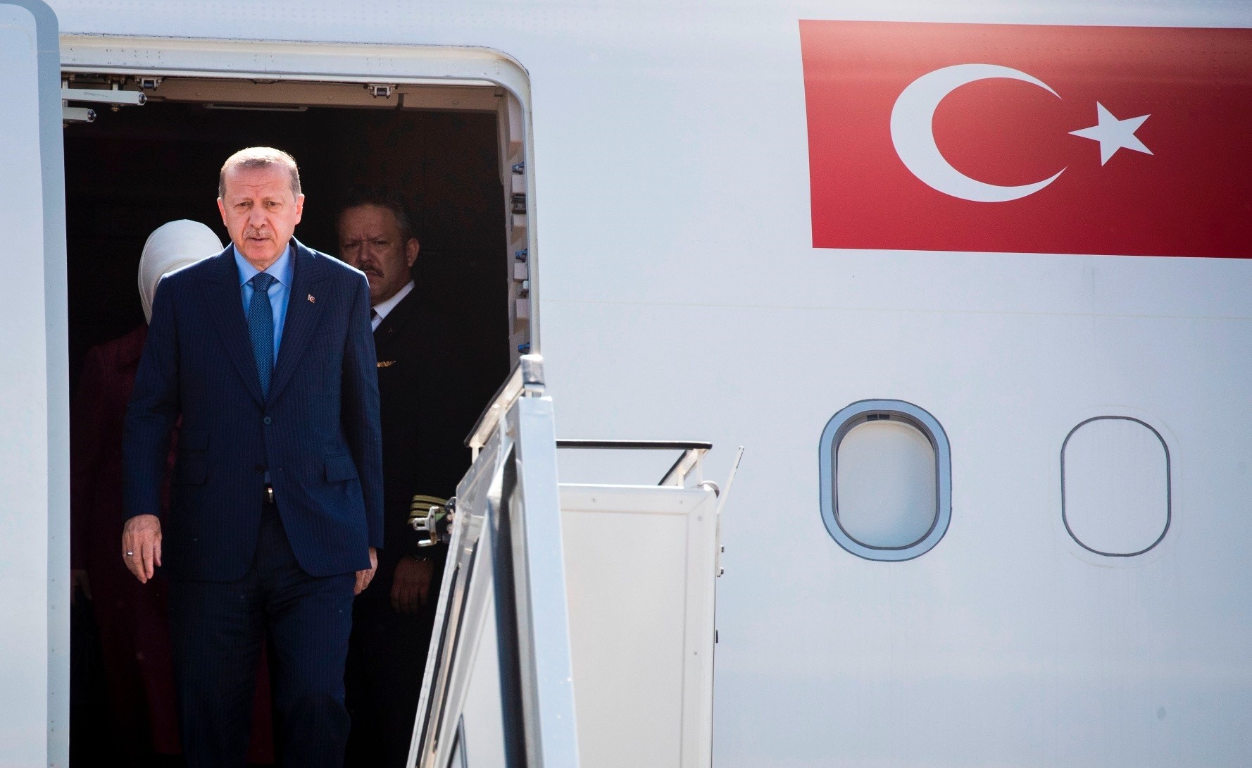 President Recep Tayyip Erdou011fan disembarks from his plane at Berlinu2019s Tegel airport, Sept. 27.