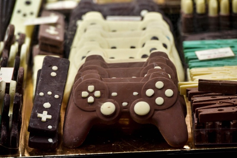 Chocolate-made creations representing game controllers are on display at the sixth Chocolate Fair in Brussels, on February 21, 2019.