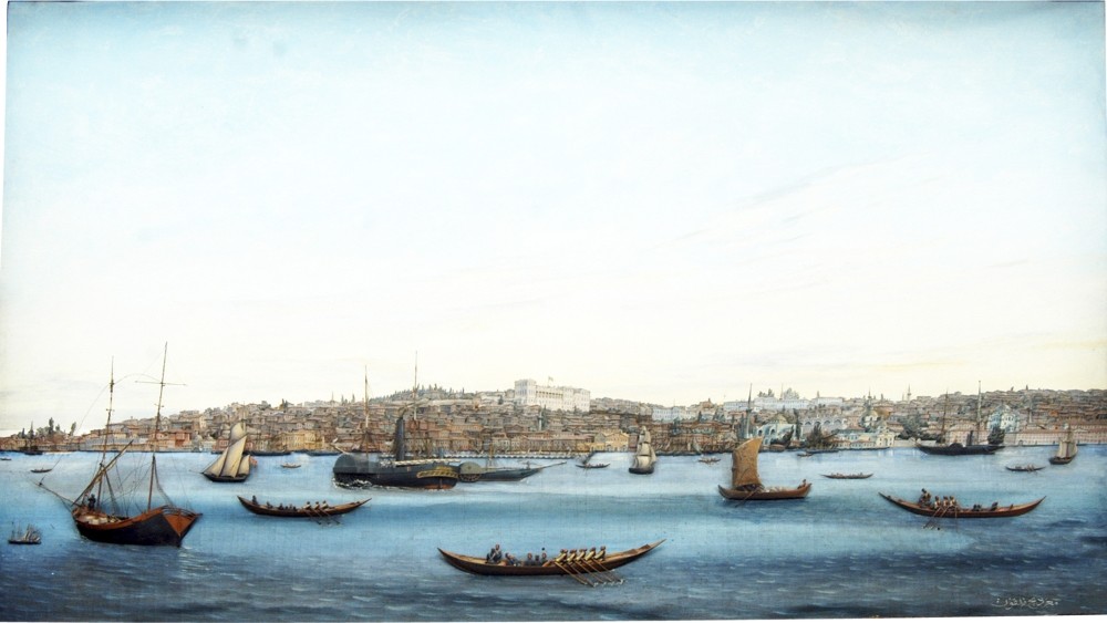 Mu0131gu0131rdiu00e7 Melkon, 19th century u201cThe Coastline from Tophane to Galata,u201d 1884 Wood and oil on canvas 60 x 93 x 7 cm / Naval Museum Collection