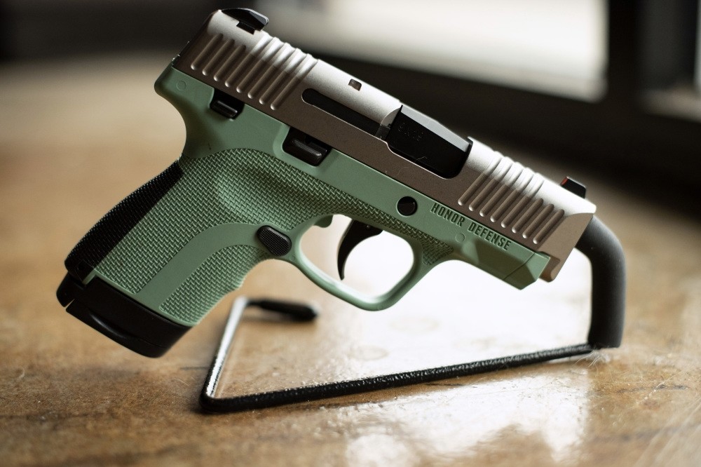 A 9mm handgun produced by Honor Defense, a gunmaker in Gainesville is displayed.