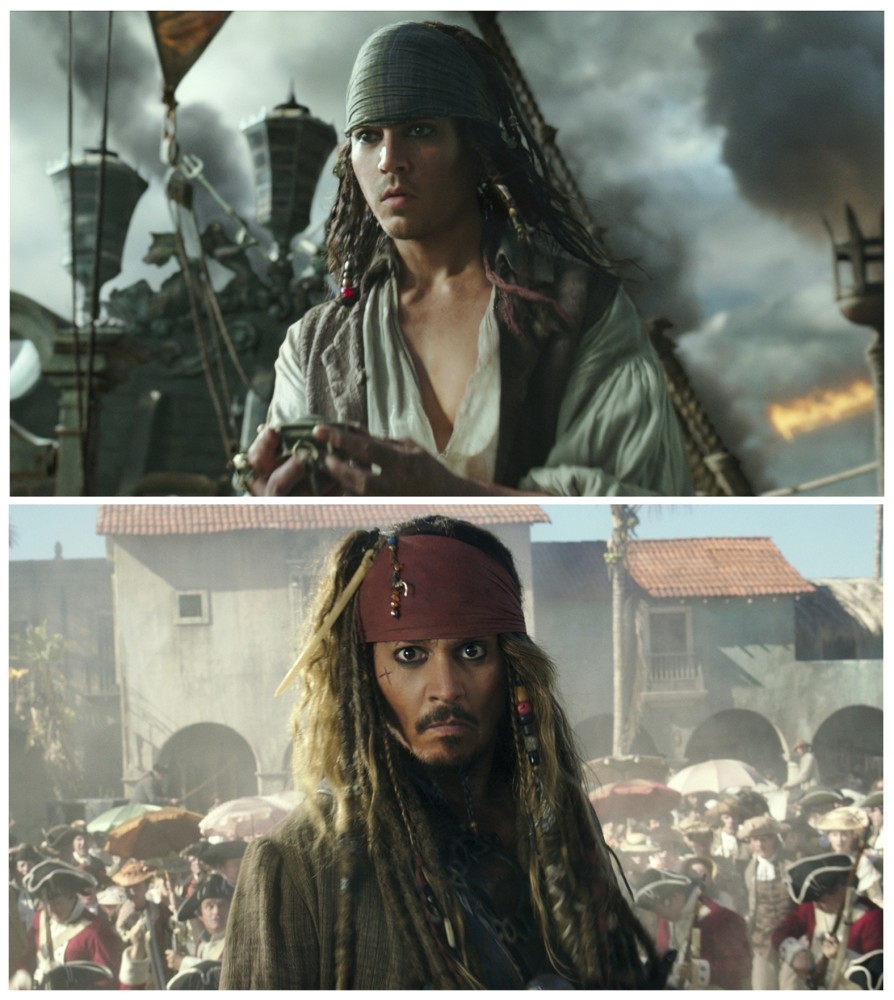 This combination of photos released by Disney, shows the character Jack Sparrow at two stages of his life in u201cPirates of the Caribbean: Dead Men Tell No Tales.u201d Johnny Depp is the latest mega-star to get the drastic de-aging treatment on screen.