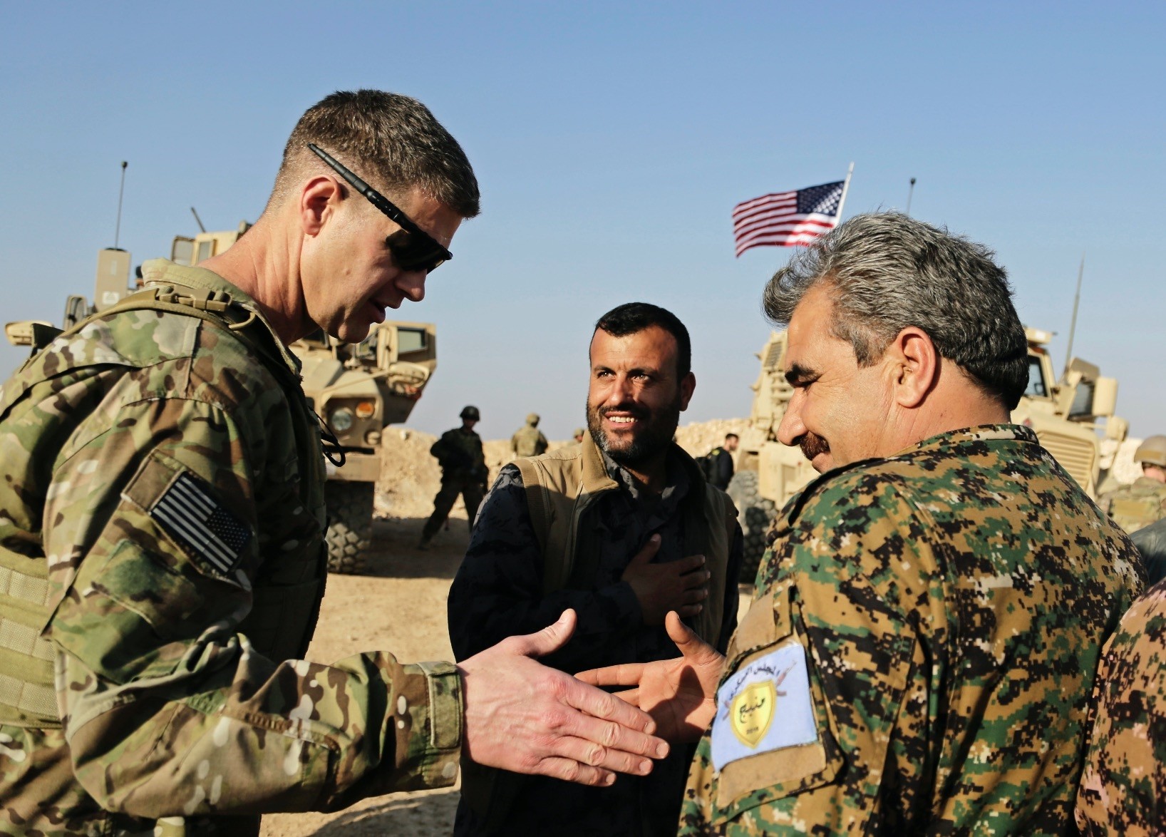 U.S. Army Maj. Gen. Jamie Jarrard (L) thanks YPG-led Manbij Military Council commander Muhammed Abu Adeel, near Manbij, Syria, Feb. 7. 