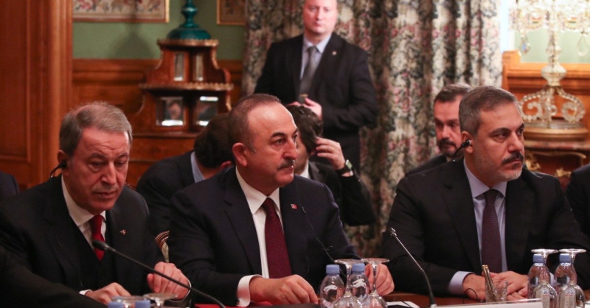 Turkey's Defense Minister Hulusi Akar, Foreign Minister Mevlu00fct u00c7avuu015fou011flu and MIT Chief Hakan Fidan attend meeting in Moscow on Monday, Jan. 13, 2020 (AA Photo)